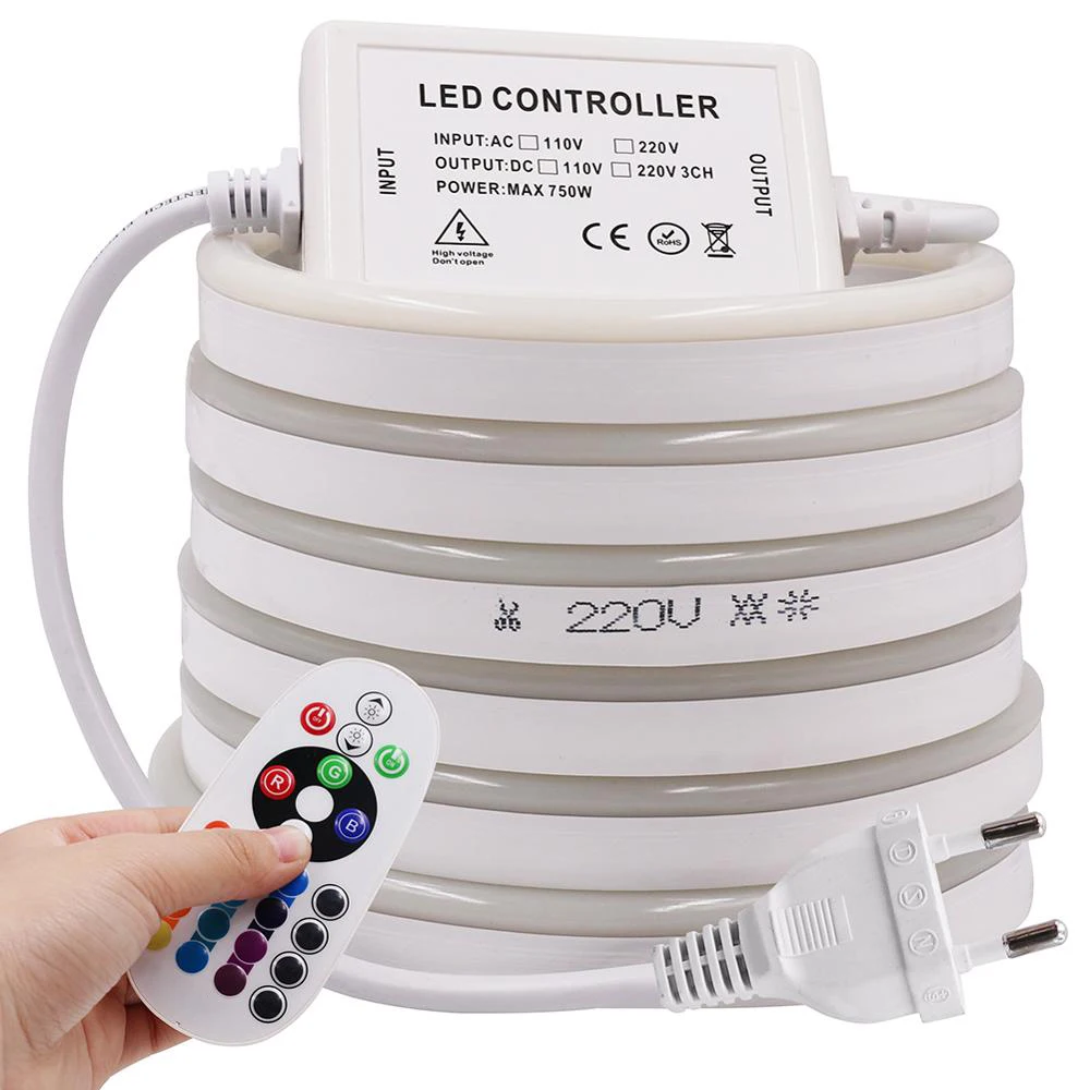 220V 5050 RGB LED Neon strip Light Waterproof Flexible LED Rope+20Key Controller