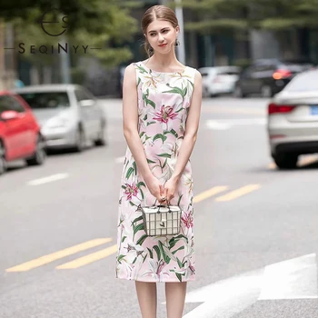 

SEQINYY Vest Dress 2020 Summer New Fashion Design Pink Romantic Lily Flowers Printed Midi Sheath Slim Dress Women