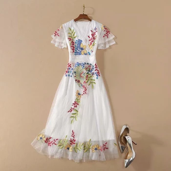 

HIGH QUALITY 2020 New Fashion Designer Runway Dress Women's V-Neck Butterfly Sleeve Embroidery Gauze DRESS