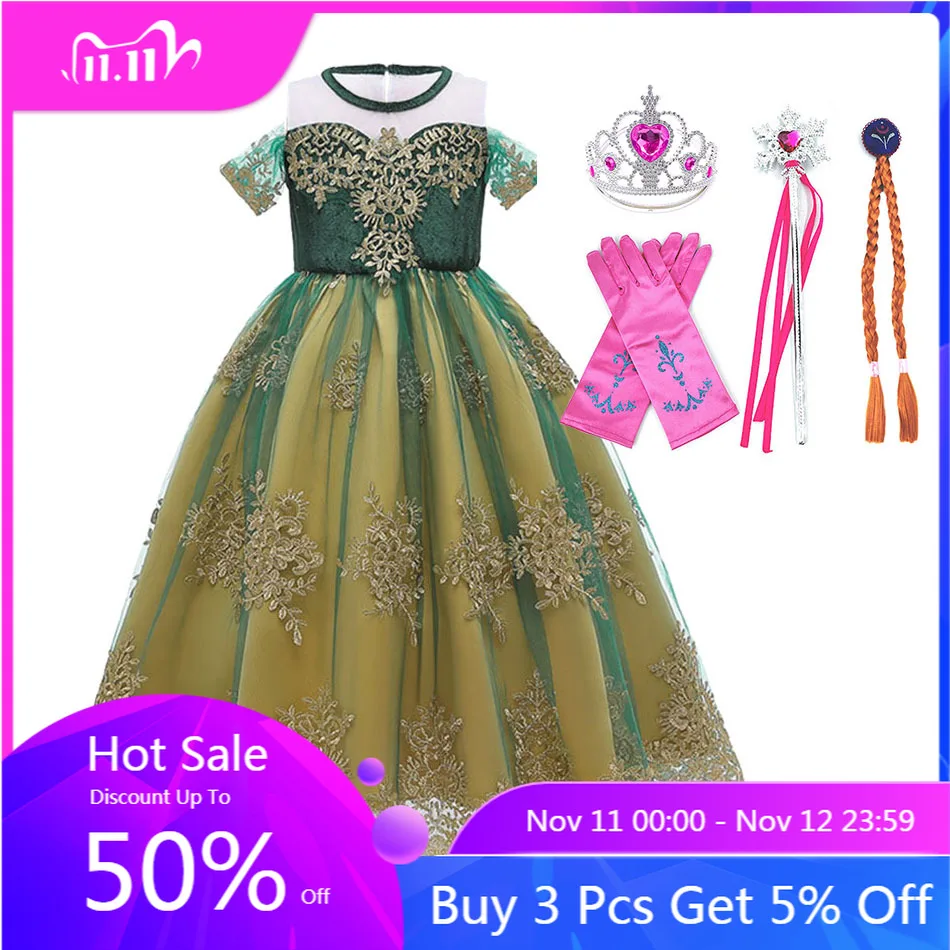

3 5 6 8 10 Years Girl Wedding Party Anna Dress Children Green Yellow Princess Deluxe Costume Kids Halloween Dress Girl Clothes