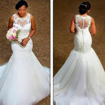 

Africa Mermaid Wedding Dresses 2020 Lace Appliques Button Illusion Elegant Back Gowns Vestido de novia Bride Dress Cheap