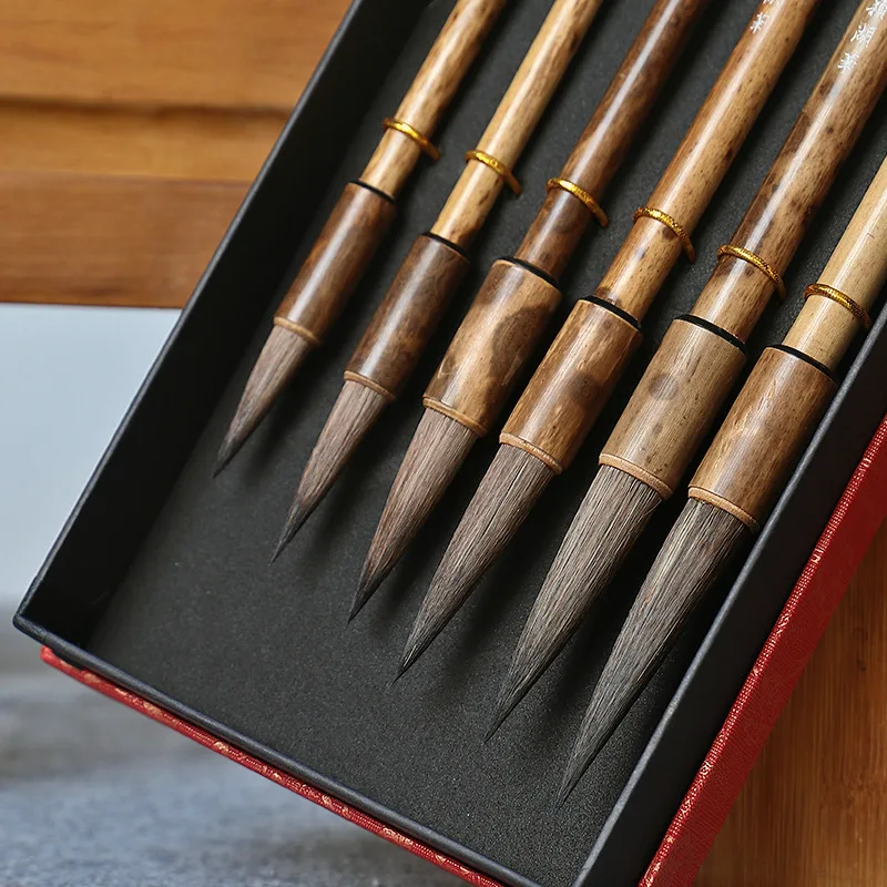 Chinese Calligraphy Brush Pen Set 6 Pcs Bamboo Holder Rat Whiskers Hair Brush for Chinese Painting in a Gift Box Art Supplies paint brush calligraphy brush art supplies