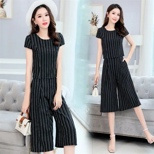 

Vertical Striped Cotton Linen Loose Pants WOMEN'S Suit Summer New Style Korean-style Mom Western Style Younger Fashion Pants Two