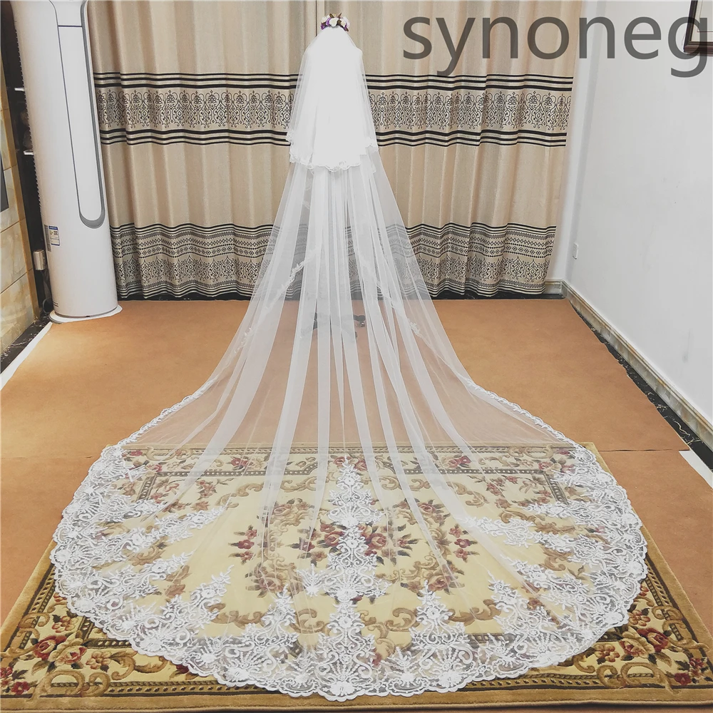 

Real Photo 3m One Layer Wedding Veil With Comb White Lace Edge Bridal Veils Ivory Appliqued Cathedral Wedding Veil