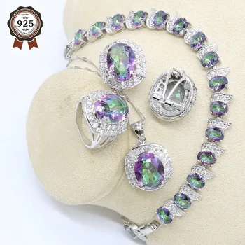 

Multicolor Rainbow Crystal Silver Color Jewelry Set for Women Bracelet Earrings Necklace Pendant Ring Birthday Gift