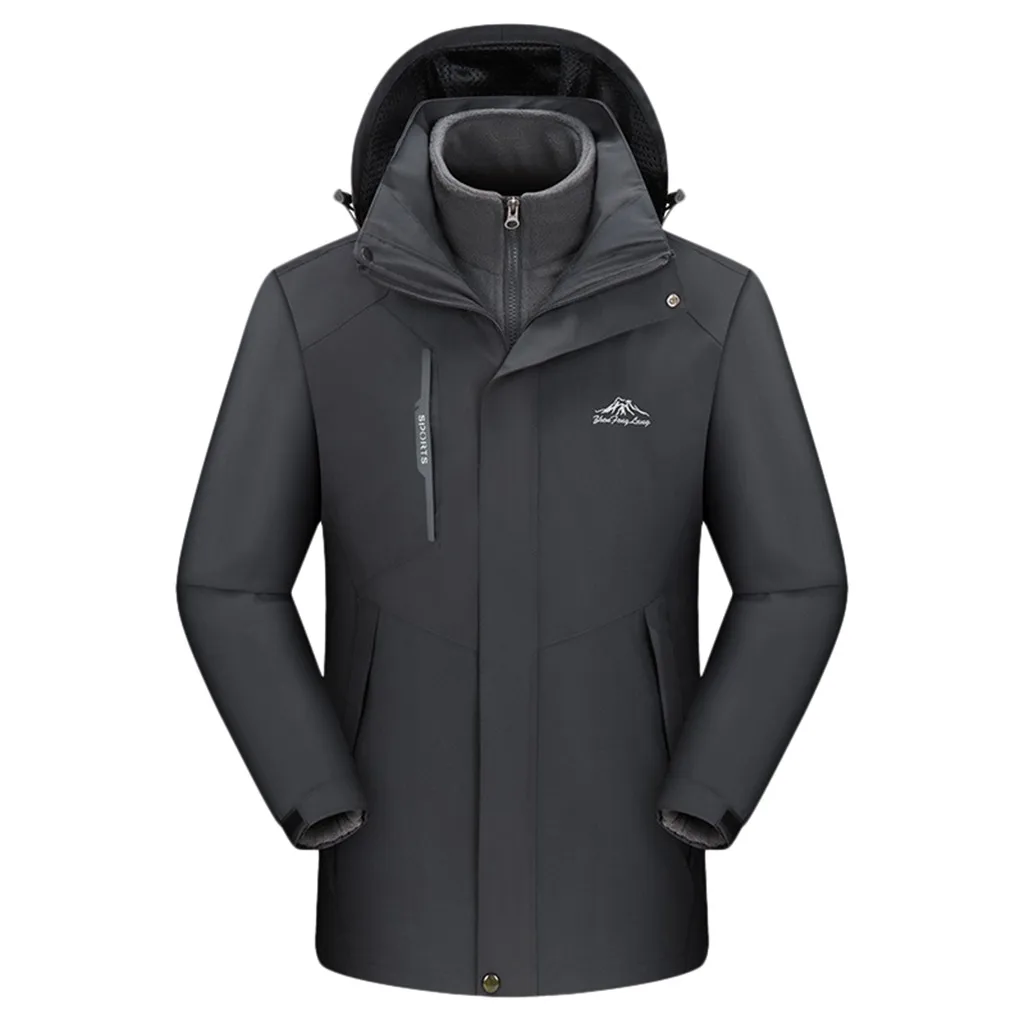 Лыжная куртка для мужчин, лыжный костюм, теплый, для катания на лыжах, сноубординга, зимняя толстовка с капюшоном, съемная, дышащая, Спортивная, комплект из двух предметов, верхняя одежда, пальто - Цвет: Серый