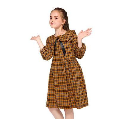 Кофе Kseniya Kids Wholesale Peter Pan Collar Bow Plaid Girl Dress Long Sleeve For 2 to 9 Years - Цвет: Кофе