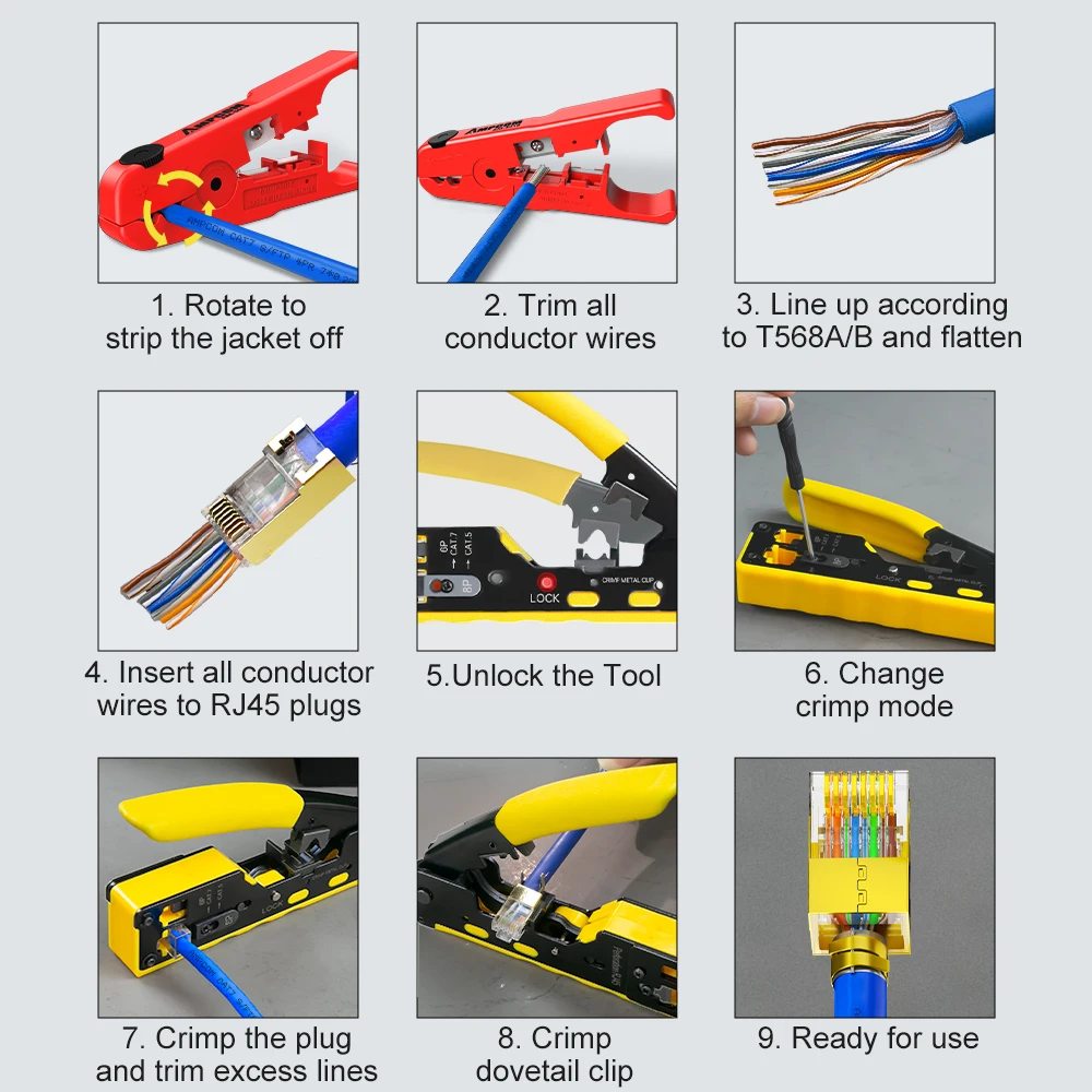 AMPCOM RJ45 RJ11 Pass Through Crimping Tool for Cat7/6A Cat6/5 Ethernet Modular Plugs Connectors With Stripper and Spare Blade images - 6