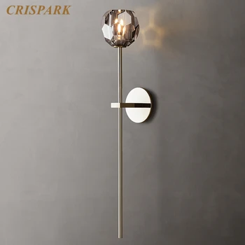 

Smoke Crystal Ball Wall Lamp 28" Metal Rod Living Room Wall Sconce Light LED Modern Minimalist Indoor Light Fixture for Bathroom