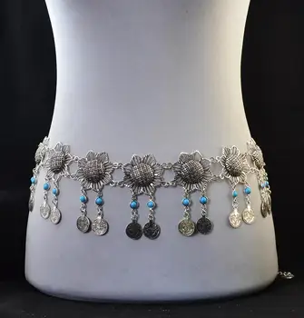 

Vintage Ethnic Gypsy Silver color Alloy Coin Tassel with blue Resin Beads Sexy Belly Body Chain Waist Summer Chain Body Jewelry