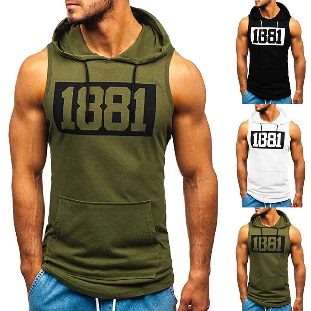 Sports Tank Tops Men Fitness Muscle Print Sleeveless Hooded Bodybuilding Pocket Tight-drying Tops Summer Shirt For Men Clothing 1