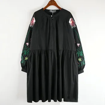 

XUXI Embroidery Flowers Long Sleeve Women Dress Plus Size Loose O Neck Dresses Fashion Wild Simple Women Clothes New FZ0541