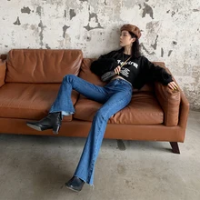 Женские расклешенные Широкие джинсовые штаны, новые осенние штаны с высокой талией, женские тянущиеся джинсы, модные брюки