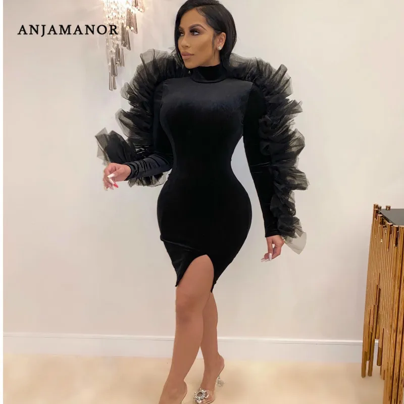 

ANJAMANOR Mesh Ruffle Velvet Black Long Sleeve Bodycon Mini Dress Sexy Party Outfits High Fashion Women Club Dresses D91-AE52