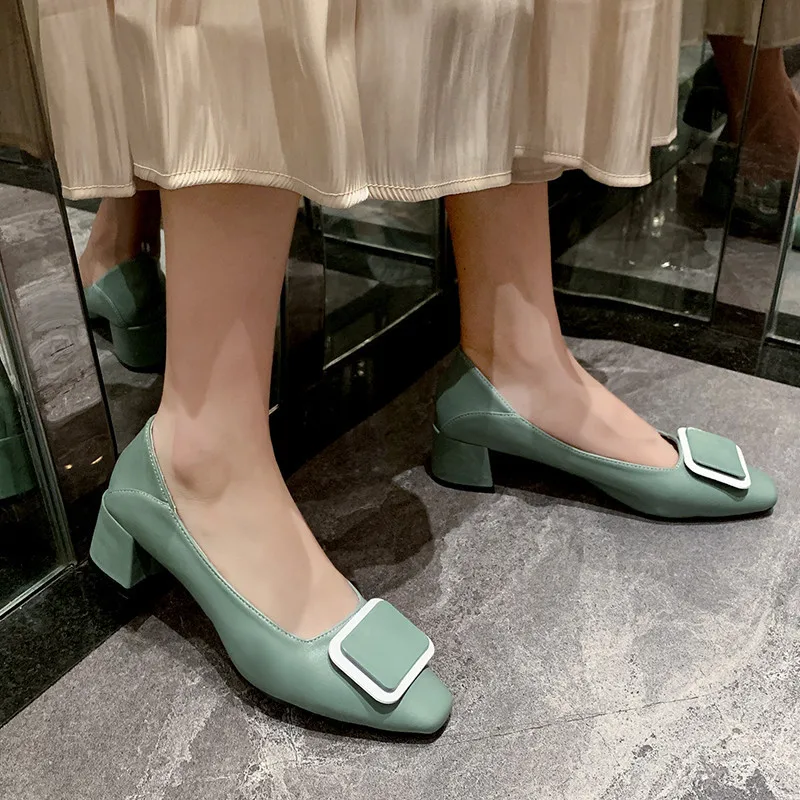 

EOEODOIT 4 cm Square Toe Slip On Shoes Women Autumn New Leather Heels Square Chunky Heel Female Work Daily Casual Pumps