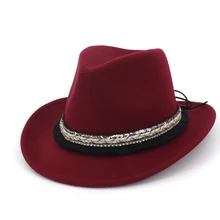 Мужская Женская шерстяная ковбойская шляпа Weatern с бахрома на ленте Sombrero Hombre широкий джазования с полями шляпа размер 56-58 см