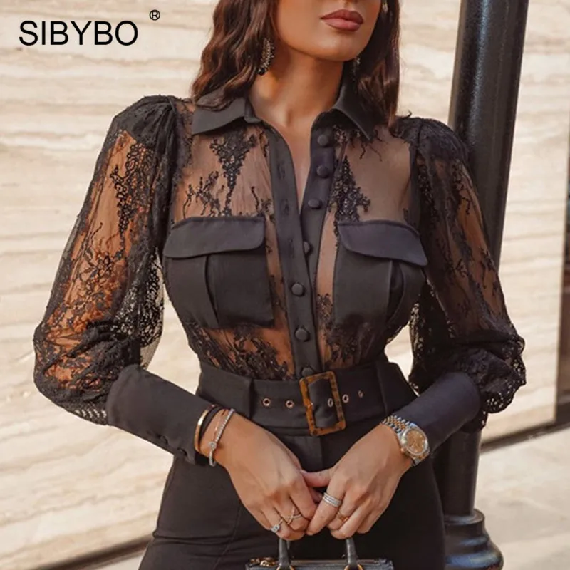  SIBYBO Transparent Mesh Sexy Shirt Women Blouse Vintage Long Sleeve Fish Net Summer Crop Top Black 