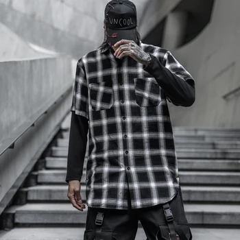 

2020 Summer Men Long Fund Printing Long Sleeve Lattice Shirt Men Splice Plaid Shirt Man Vintage Streetwear Hip Hop Couple Shirt