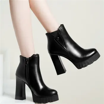 comprar Novo Punk Goth Ankle Boots Mulheres De Couro Genuíno Salto Alto Botas Da Motocicleta Feminino Alto Topo Redondo Dedo Do Pé Plataforma Chunky Bombas Sapatos