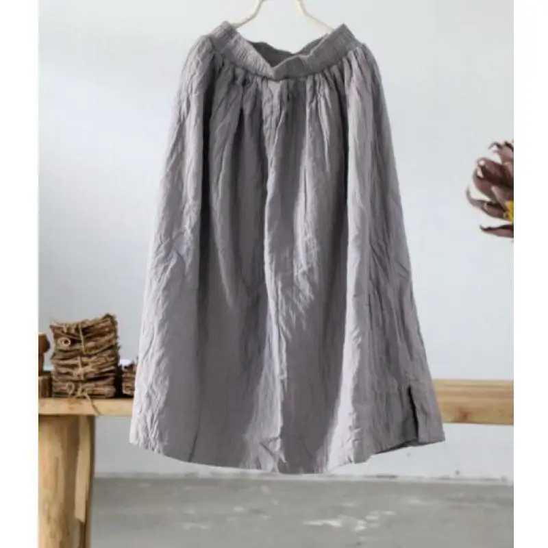 Осенняя юбка большого размера в стиле ретро Простой чистый цветной эластичный пояс длинный участок мягкая свободная Удобная льняная Женская юбка