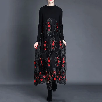 

SeeBeautiful Loose Dress Embroidery Perspective Mesh Stitching Knitted Double Layer Dresses New 2020 Autumn Winter Women T976