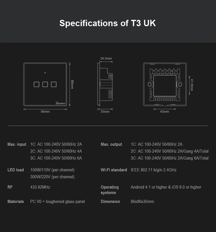 Интеллектуальный выключатель света SONOFF T3 UK TX-серию интеллектуальных домашних Wi-Fi Переключатель 1/2/3 RF 433 домашней автоматизации переключатель совместим с EWelink Alexa Google Home