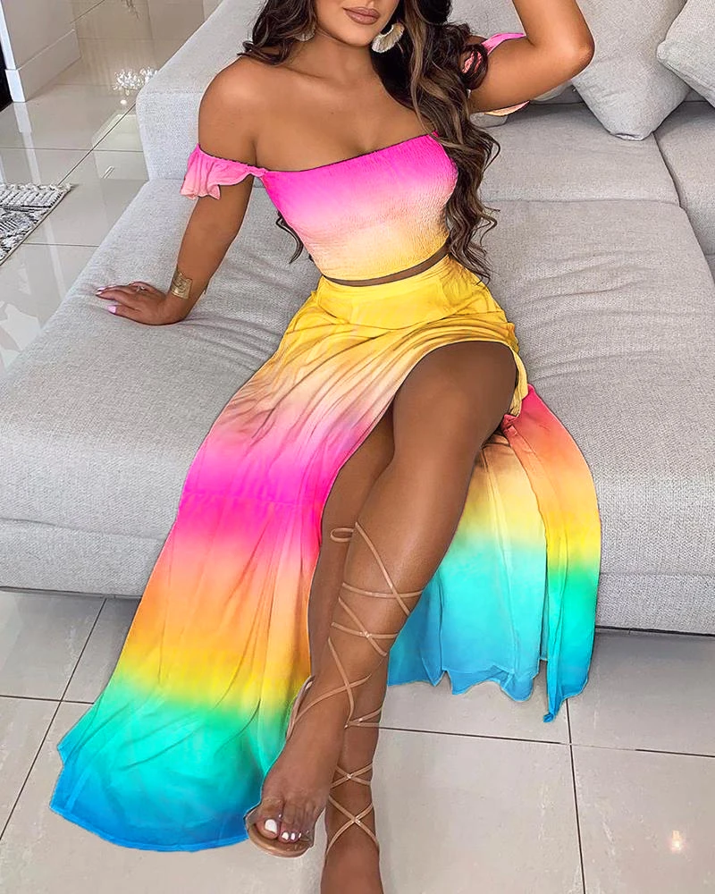 Divasily Summer Off Shoulder Ombre Colorblock Sexy Crop Top High Slit Maxi Two Piece Set Women Boho Long Skirt Suits Robe Femme yellow pant suit Suits & Blazers