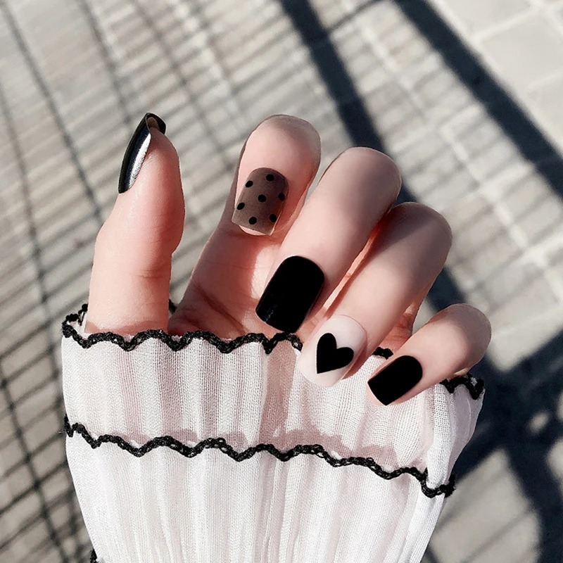 24pcs Full Cover Fake Nail Art Design French Dark System False Nails With Nail Adhesive Glue Press On Nail Tips False Nail