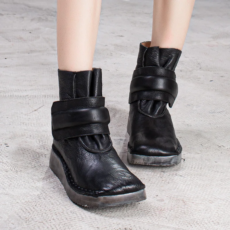 Johnature Platform Boots Women Shoes Genuine Leather Hook& Loop Flat With New Autumn Winter Sewing Handmade Ankle Boots