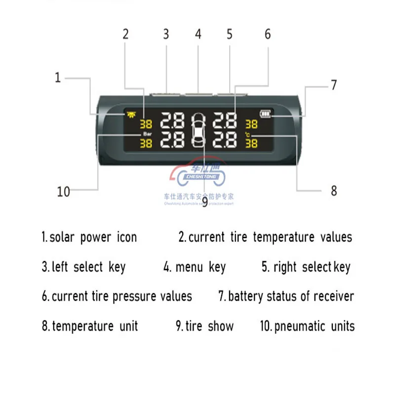 Monitor de presión de neumáticos TPMS solar para coche control inalámbrico de presión de neumáticos