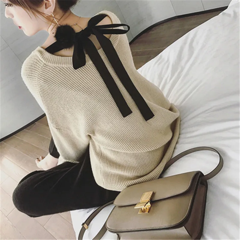 RUGOD, корейский стиль, шикарный свитер с круглым вырезом, женский, Осень-зима, бандаж на спине, длинный рукав, свободные пуловеры, Femme Hiver