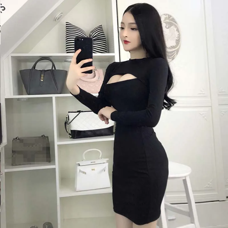 

2018 Autumn New Style Nightclub Sexy Dew Chest Hollow out Slim Fit Slimming Sheath Long-sleeved Dress Women's