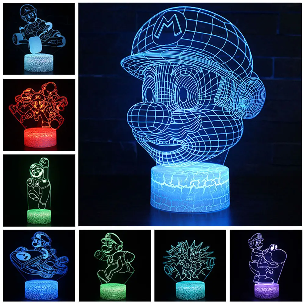 

Super Mario Bros Anime Action Figure Acrylic 3D Illusion LED Lamp Colourful NightLight Model Toy for Children Kid Christmas Gift