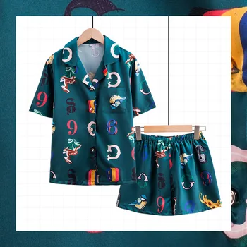 

Pajamas female summer ice silk thin short-sleeved two-piece suit printing cute student Insta-famous silk sleepwear home service