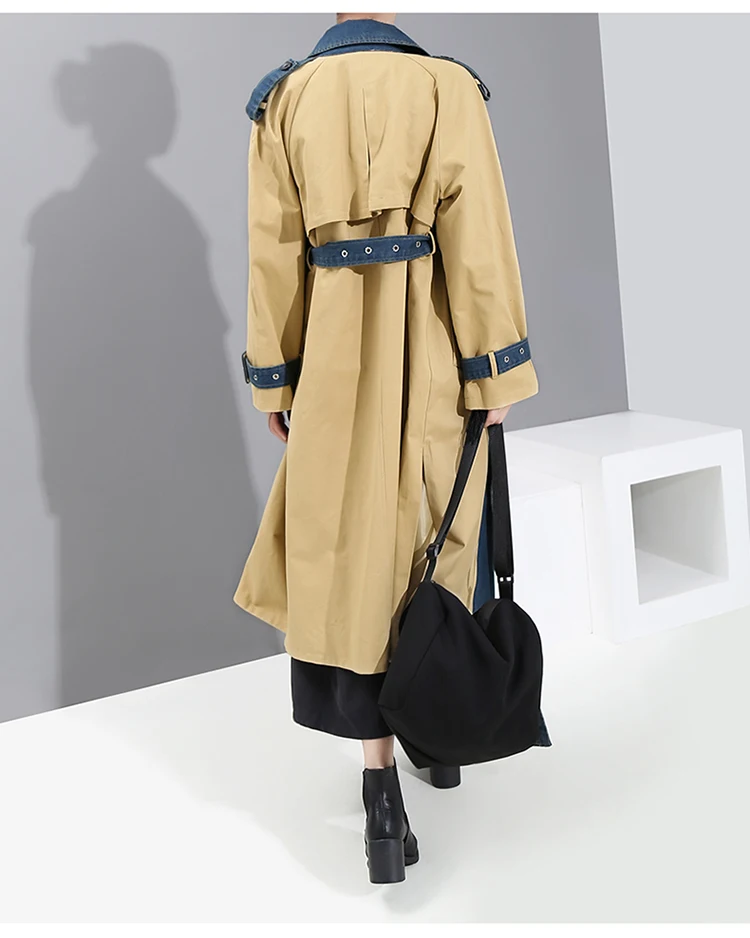 Новинка, корейский стиль, женский зимний Тренч, с поясом, деним, пэчворк, Женская стильная длинная куртка, ветровка, верхняя одежда, 5723