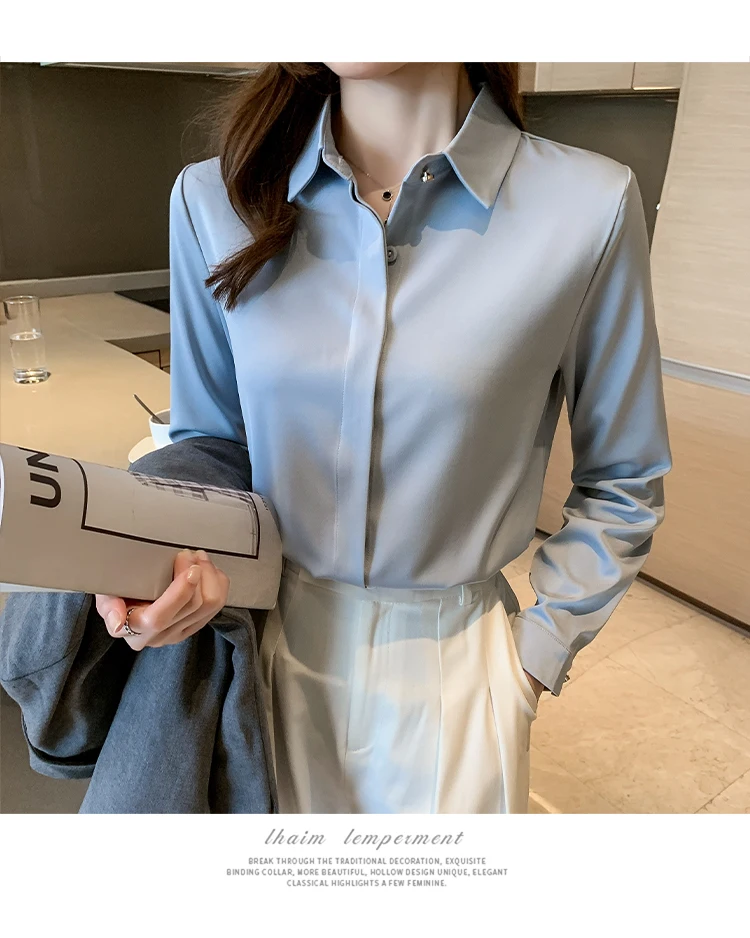 2022 Autumn Satin Women's Shirts Fashion Silk Button Solid OL Elegant Ladies Tops Long Sleeve Blouse Basic Women Shirts Blouses