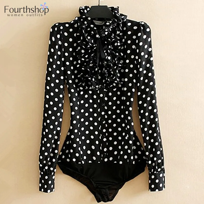 

Fashion Polka Dot Print Bodysuit Women Black Body Shirt Long Sleeve Blouses Female Korean Ruffles Jumpsuits Romper Tops 2021 New