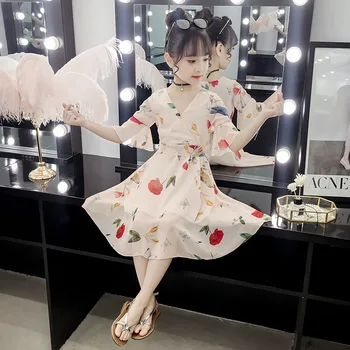 

MIANDUOXI V-neck Girls Dress Girl's Party Dress Sweet Printing Chiffon Princess Dress Children Summer Beach Dress Kids Clothings