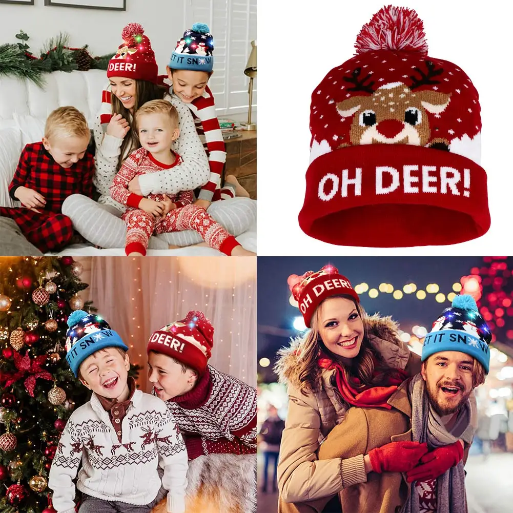 Светодиодный теплый Рождественский свитер, Рождественский свитер, Рождественский светильник, вязаная шапка для детей и взрослых, Рождественская вечеринка