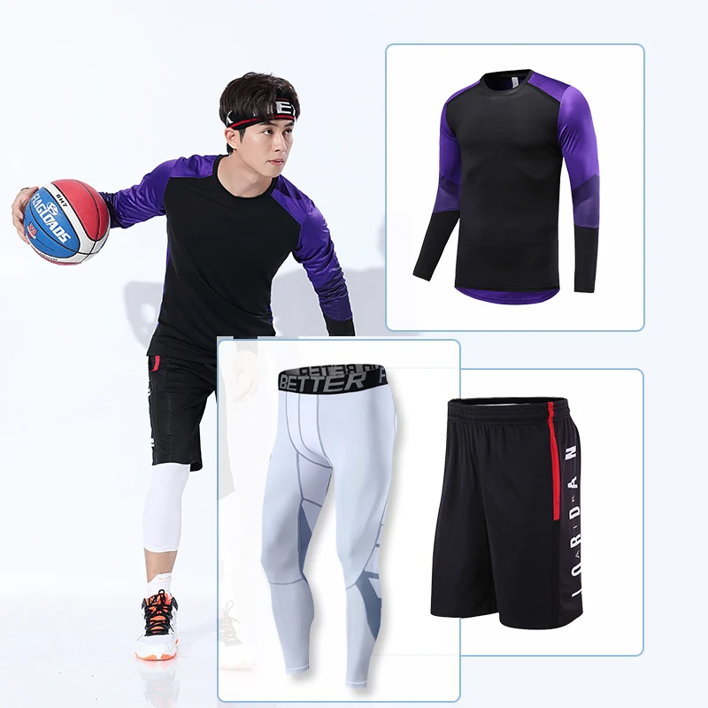 purple 3 pieces Баскетбольные майки James быстросохнущие дышащие, для активного отдыха и спорта тренировка с длинными рукавами баскетбольная Футболка командная Униформа Наборы - Цвет: purple 3 pieces