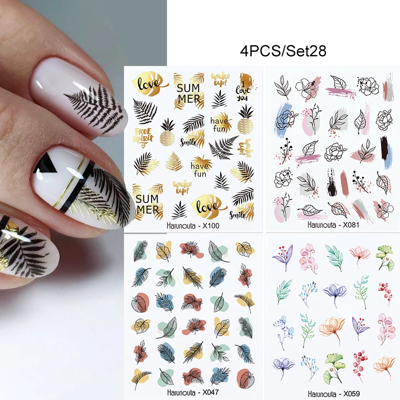 4pcs/Set Nail Coconut Tree Stickers Watercolor Decals Colorful Flowers Face  Sliders Wraps Manicuring Summer Nail Art Decoration