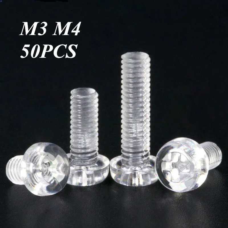 

50pcs M3 M4 Plastic Screws Fasteners Transparent Round Cross Recessed Pan Head Insulation Metric Threaded Hex Hexagon Nut