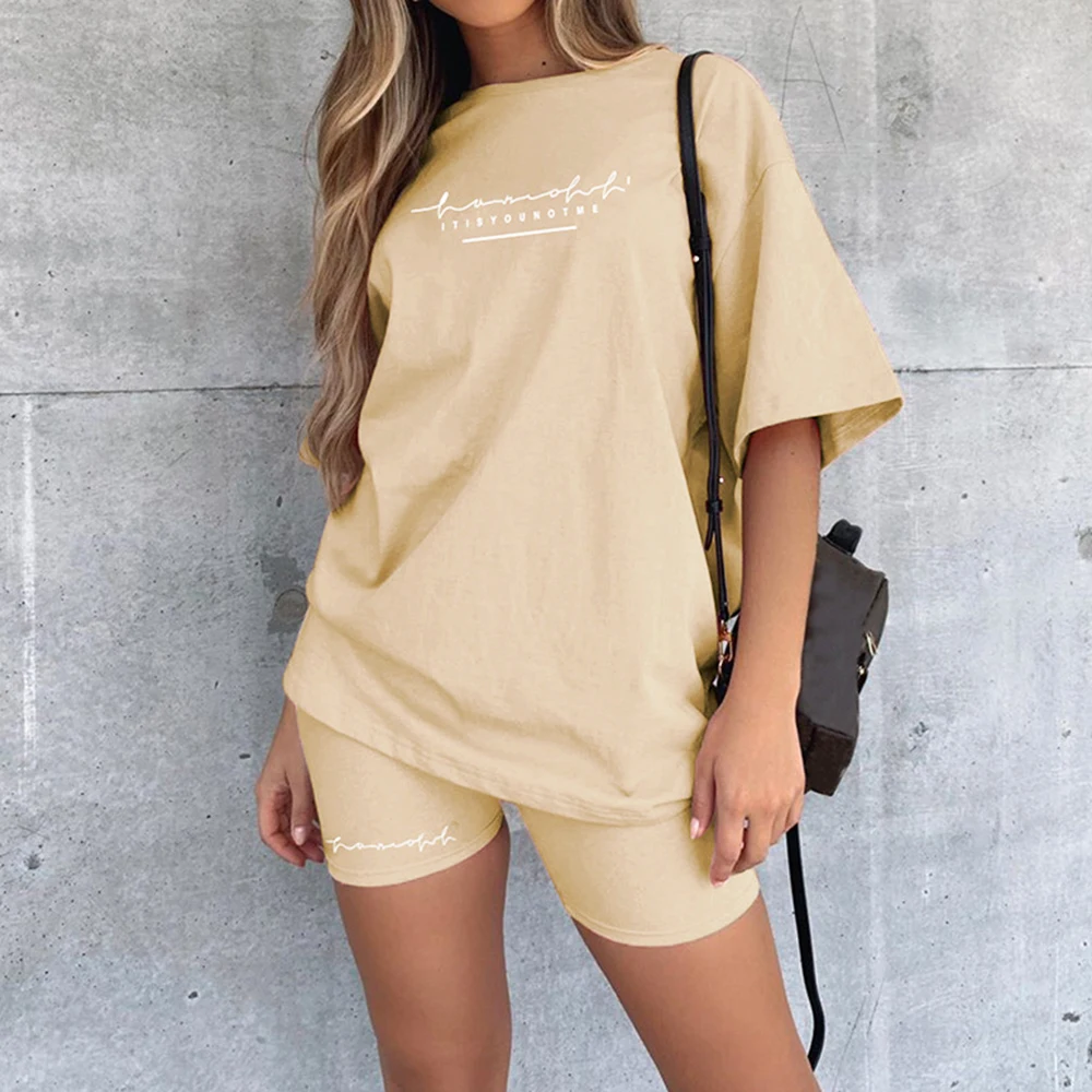 

Letter Printed Biker Shorts 2 Piece Set Oversize Pullover Tshirt Jogger Short Set Women Summer Short Tracksuit Sexy Outfits Suit