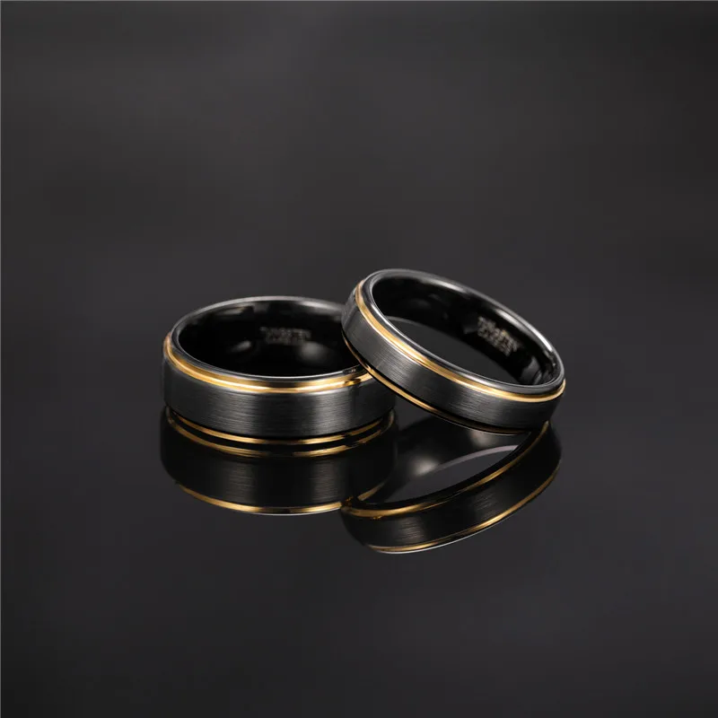 Tigrade Men Brushed Tungsten Black Ring With Gold Color Edge 6/8mm Unisex Women Men Wedding Band for Couple Name Date Engraving 2
