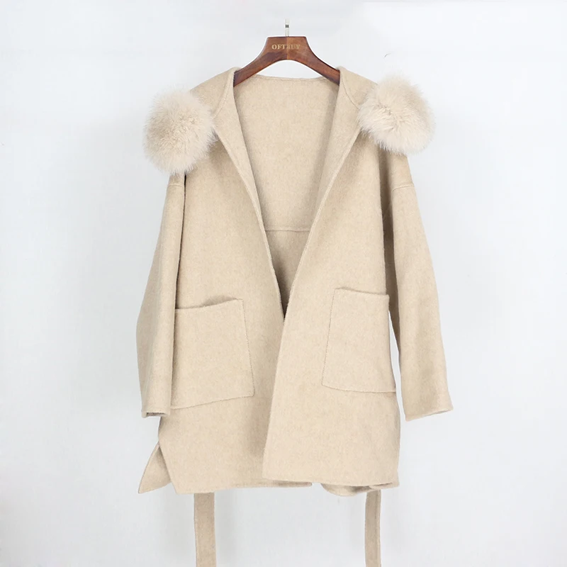 OFTBUY пальто с натуральным мехом, зимняя куртка для женщин, свободный воротник из натурального Лисьего меха, кашемировая шерсть, верхняя одежда, уличный сверхразмерный
