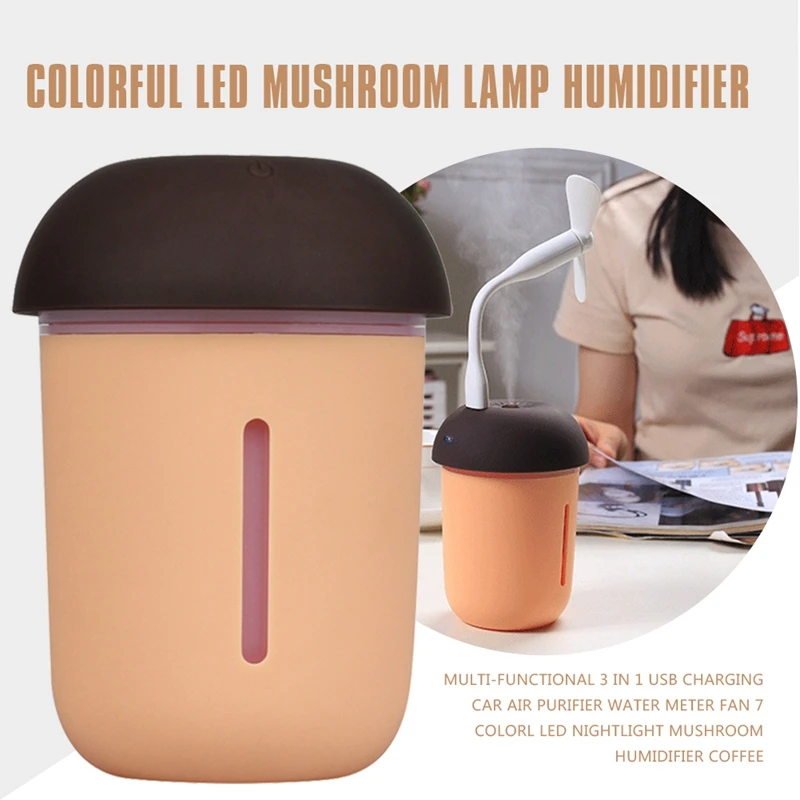 

Multi-functional 3 in 1 USB Charging Car Air Purifier Water Meter Fan 7 Color LED Nightlight Mushroom Humidifier coffee