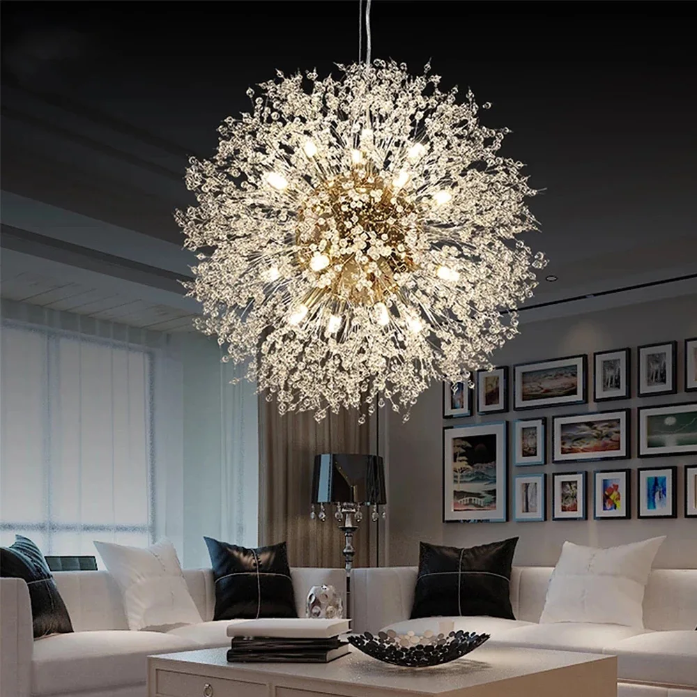 Tiooka Nordic Dandelion Crystal Chandelier Light LED G9 Cristal Bursts Globe Pendant Hanging Lamp for Living Room Bedroom Home