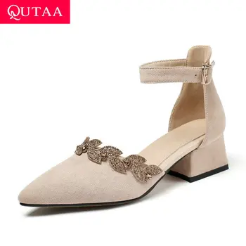 

QUTAA 2020 Square Middle Heel Hollow Spring Summer Women Shoes Flock Fashion Crystal Pointed Toe Buckle Ladies Pumps Size 34-43