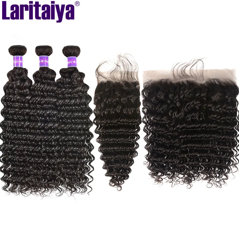 Indian Deep Wave Bundles With Closure 100% Human Hair Deep Curly 2/3 Bundles With Frontal Indain Hair Weave Closure