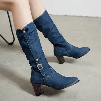 

Fashion blue denim mid boots women Plus size high heel women boots black Warm winter boots topuklu bot bottes femmes boty